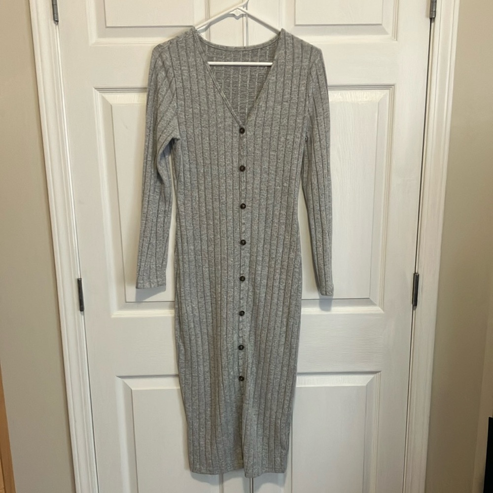 Gray Ribbed Button-Down Dress
